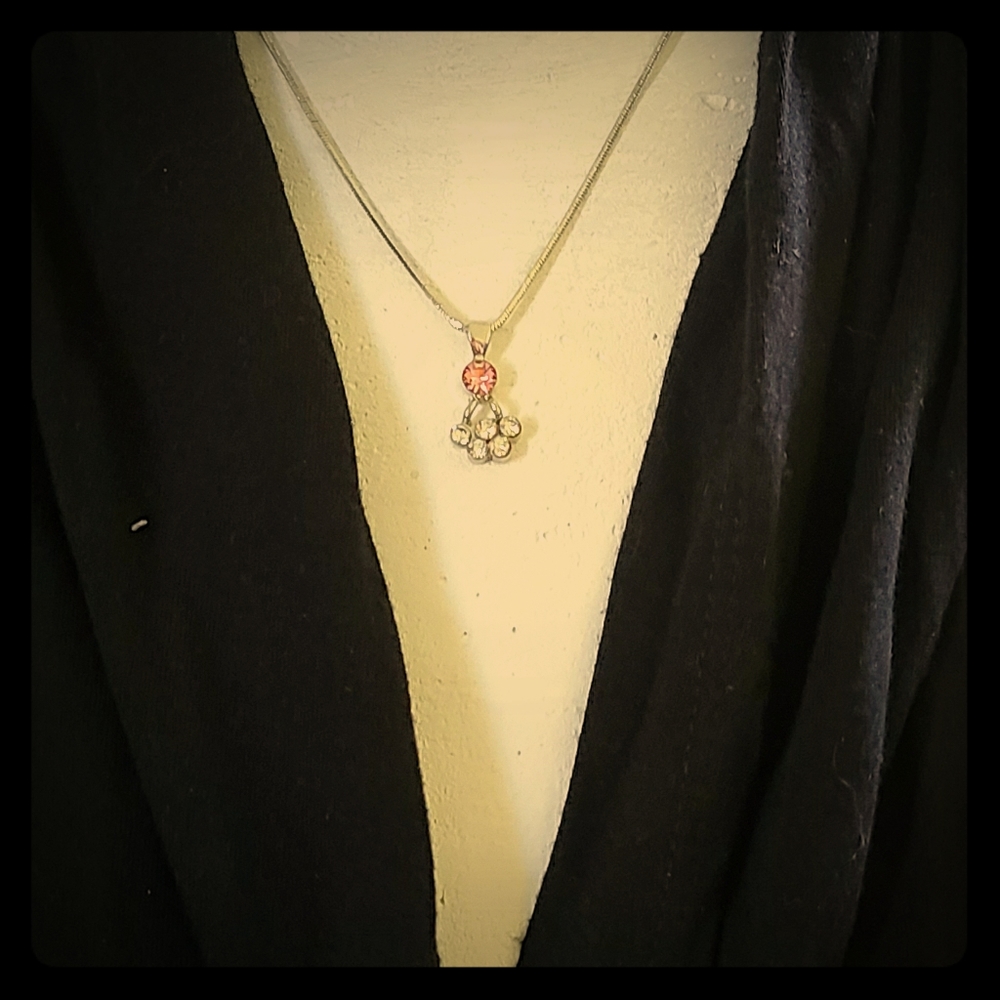 Silver Tone chain w/Pendant w/CZ and Pink Stone